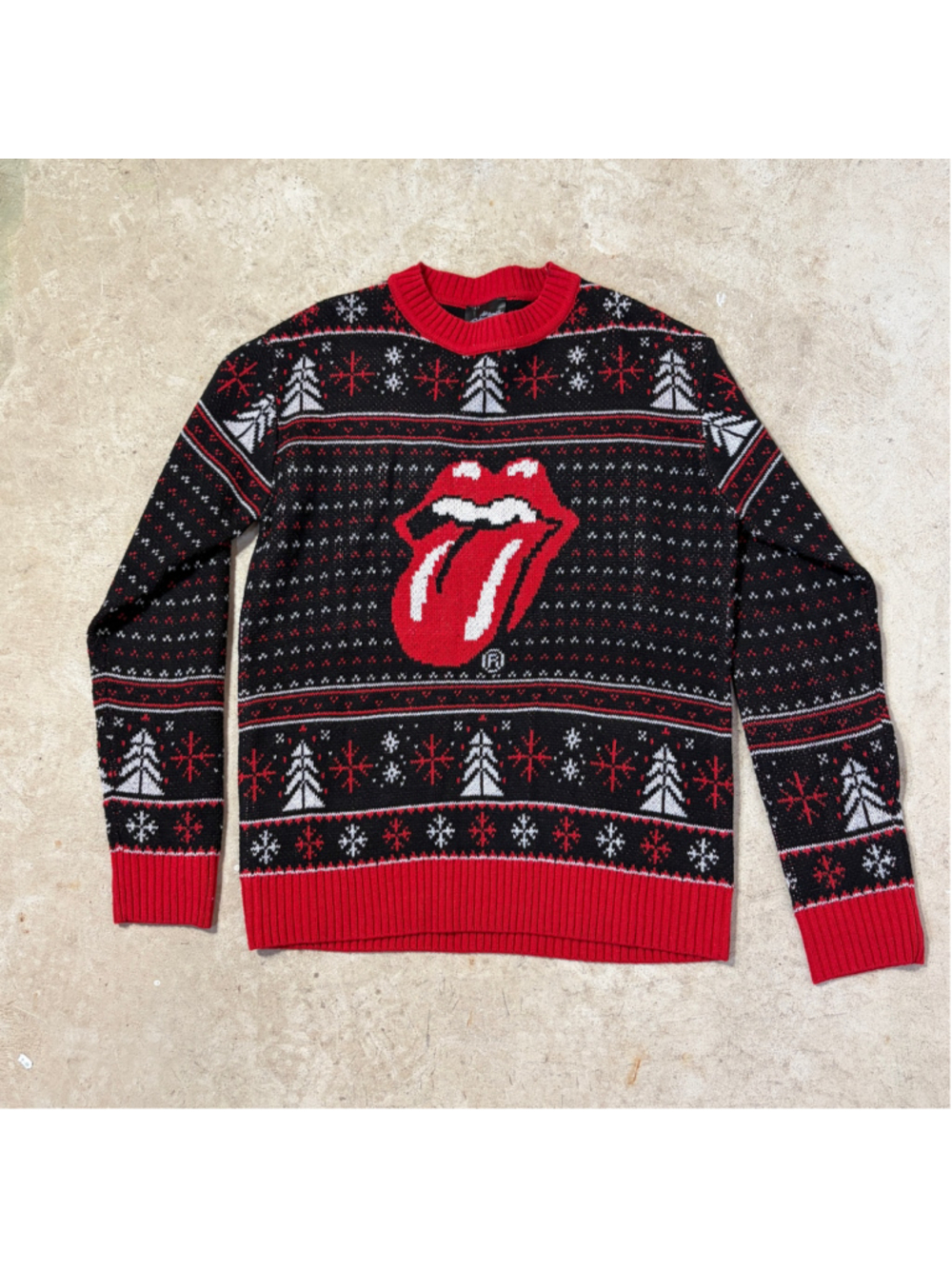 The Rolling Stones Ugly Christmas Sweater Fair Isle Tongue Lips Men’s Medium Red